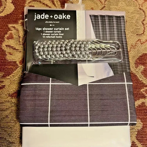 Jade + Oake 14pc Modern Chic Grid Shower Curtain Complete Set - Black - Picture 1 of 4